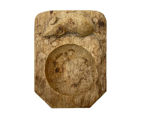 Mouseman - oak pin tray, canted rectangular form with carved mouse signature, by the workshop of Robert Thompson, Kilburn, L1