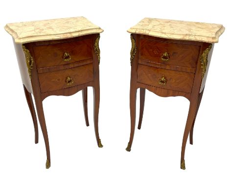 Pair French style Kingwood lamp or bedside tables, shaped and moulded variegated marble top over two drawers, on cabriole sup