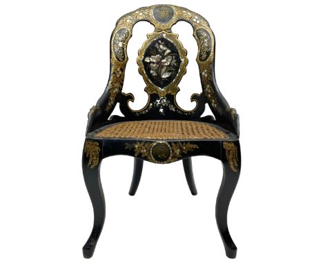 19th century Papier M�ch� and black lacquered bedroom chair, shaped cresting rail painted with floral vignette over shaped sp