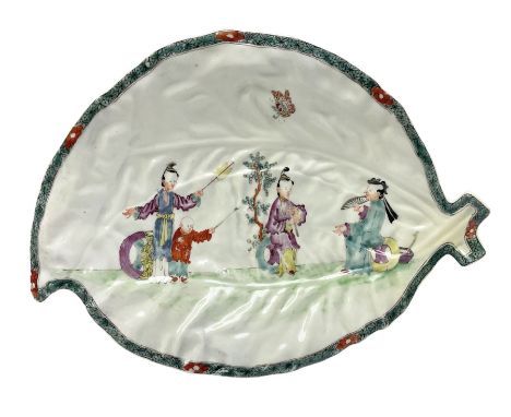 Worcester leaf dish, circa 1760, moulded as two overlapping cabbage leaves and painted in the Chinese Musicians pattern, L26c