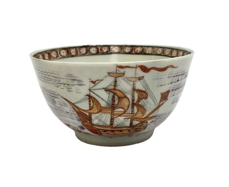 19th century Chinese export tea bowl, decorated stylised seascape with masted ships, the inside decorated with a lappet borde