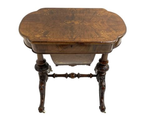 Victorian inlaid walnut sewing table, the shaped hinged lid with quarter matched veneers inlaid with trailing foliate, birdse