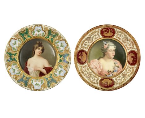 Two late 19th century cabinet plates in the manner of Vienna, both finely painted with a portrait of a female beauty, the fir