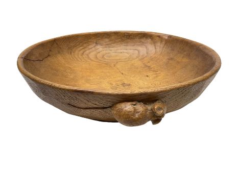 Mouseman - oak fruit bowl, the adzed exterior with carved mouse signature, by the workshop of Robert Thompson, Kilburn, D26cm