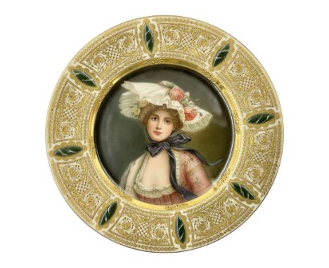 Late 19th century cabinet plate in the manner of Vienna, finely painted with quarter length portrait of the Queen of the Rose