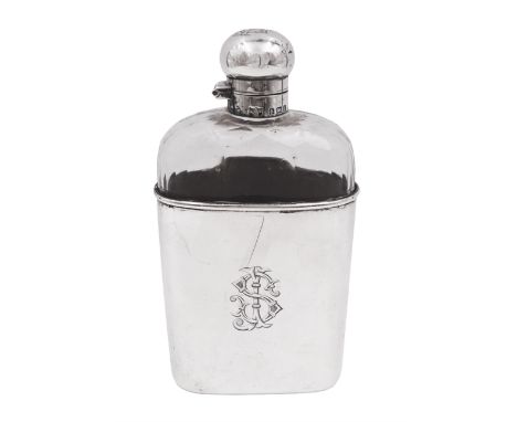 Edwardian silver mounted glass hip flask, the glass body of typical form, with rounded and cut glass shoulders, silver mounte