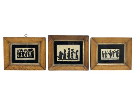 Three Regency verre �glomis� or reverse painted on glass silhouettes, each depicting figural scenes, including one example of