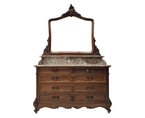 Mid-to late 20th century French walnut and marble dressing chest, the raised shaped mirror back with carved shell cartouche p