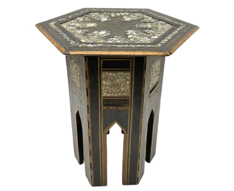 Early 20th century Anglo-Indian hexagonal table, the top decorated with mother of pearl beads and chequered banding, the base