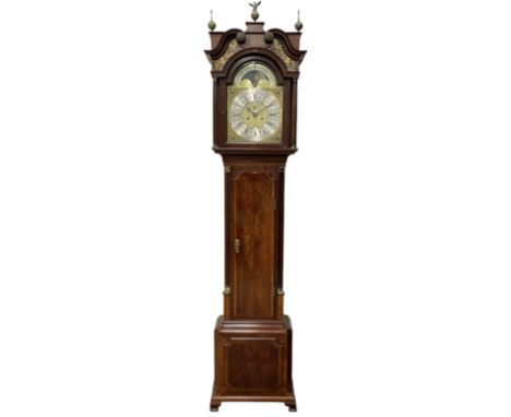 English late 18th century 8-day mahogany longcase clock, swans neck pediment with three brass finials, patera and painted gla