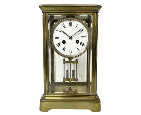 French late 19th-century 8-day four-glass clock, in a cornice style case with bevelled glass panels, white enamel dial with r