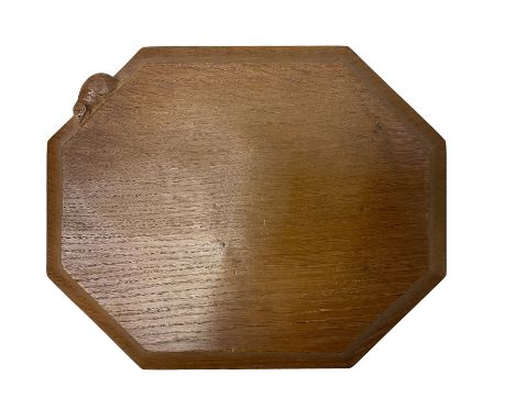 Mouseman - adzed oak breadboard, canted rectangular form with moulded edge carved with mouse signature, by the workshop of Ro