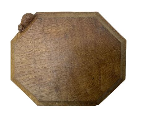 Mouseman - adzed oak breadboard, canted rectangular form with moulded edge carved with mouse signature, by the workshop of Ro