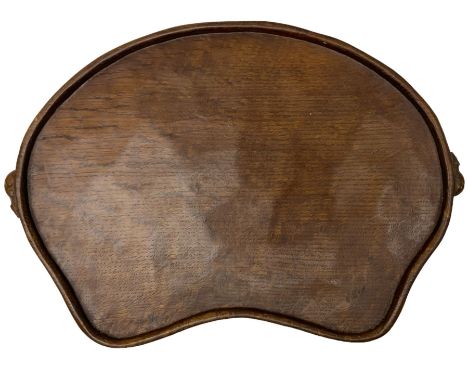 Mouseman - adzed oak kidney shaped tea tray with twin carved mouse signature handles, by the workshop of Robert Thompson, Kil