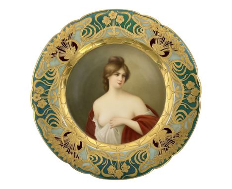 Late 19th century Vienna cabinet plate, finely painted with a semi nude portrait of a classical female beauty, within stylise