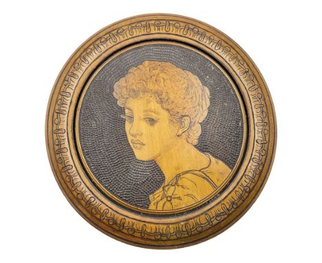 Aesthetic movement satin walnut turned pokerwork panel, of circular form depicting a head and shoulder portrait of a young fi