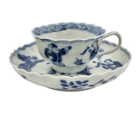 18th century Chinese blue and white Kangxi teacup and saucer, decorated with dancing figures, four character Kangxi mark bene