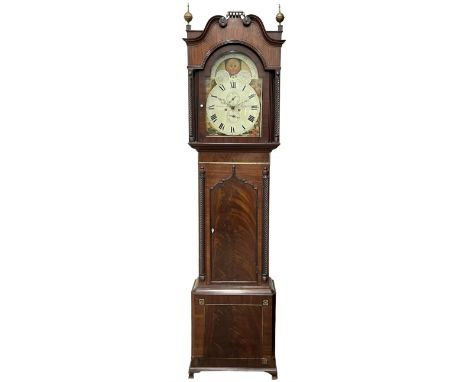 Nathaniel Dumville of Stockport - 8-day brass inlaid mahogany longcase clock c1840, swans neck pediment with ball and spire f