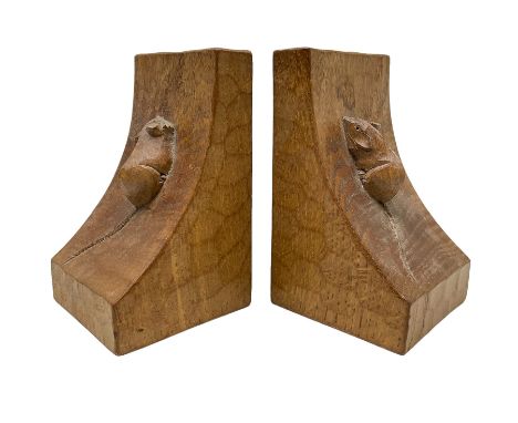 Mouseman - pair of adzed oak bookends, carved mouse signature, by the workshop of Robert Thompson, Kilburn, H9cm W9cm D15cm