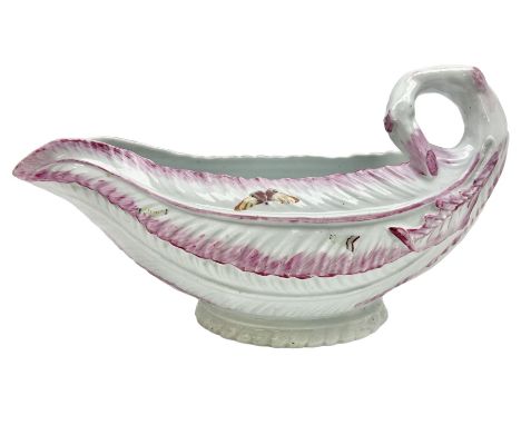 First Period Worcester sauceboat, circa 1770, of cos lettuce leaf moulded form with stalk handle, painted with insects, L18cm