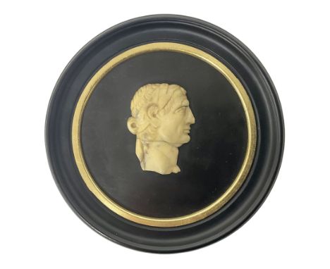 Grand Tour souvenir marble roundel depicting profile portrait of 'The Emperor Nero', mounted upon slate, within a circular eb
