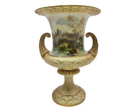 Early 20th century Royal Worcester campagna urn, hand painted with a view of Windsor Castle by Harry Davis, signed, upon a fl