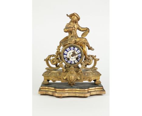 EARLY TWENTIETH CENTURY FRENCH GILT METAL FIGURAL MANTLE CLOCK, the 3" enamelled Roman dial' powered by a drum shaped movemen