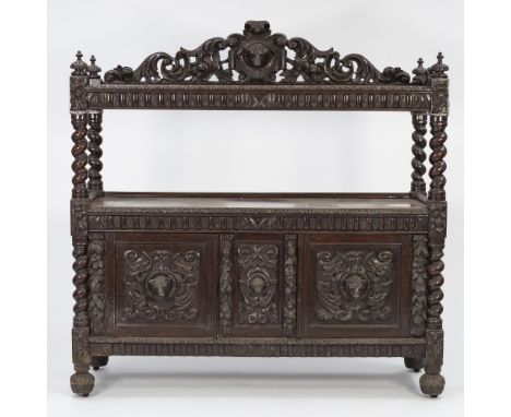 LATE NINETEENTH/ EARLY TWENTIETH CENTURY CONTINENTAL CARVED OAK 'HUNTER'S' TWO TIER LARGE BUFFET, the oblong, moulded top wit
