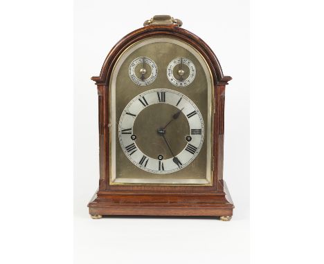 EARLY TWENTIETH CENTURY MAHOGANY CASED MANTLE CLOCK, the 6" brass dial with silvered Roman chapter ring and SLOW/FAST and CHI