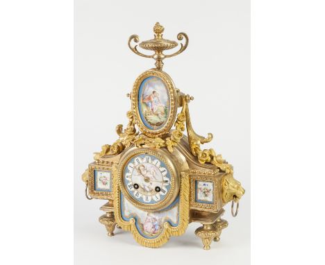 NINETEENTH CENTURY FRENCH ORMOLU AND HAND PAINTED PORCELAIN MOUNTED MANTLE CLOCK, the 3 ¼" Roman dial with cherub painted to 