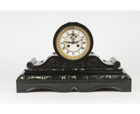 LATE NINETEENTH/ EARLY TWENTIETH CENTURY BLACK SLATE LARGE MANTLE CLOCK WITH VEINED MARBLE TRIM, the 4 ½" two part Roman dial