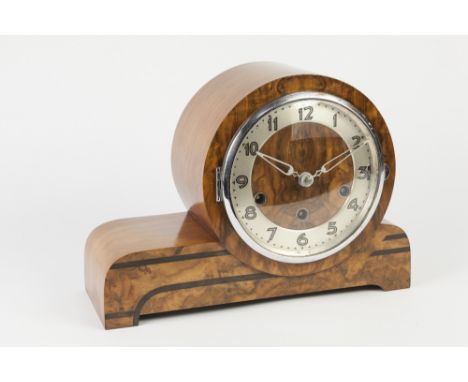 UWS, GERMAN ART DECO WALNUT AND EBONY LINE INLAID MANTLE CLOCK, the six dial with silvered Arabic chapter ring, powered by a 