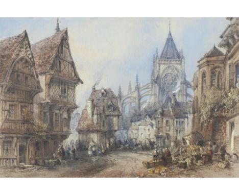 THOMAS R COLMAN DIBDIN (1810-1893) WATERCOLOUR DRAWING Continental street scene with cathedral in the background Signed and d