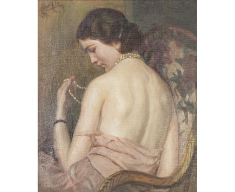ALBERT MILLE (1872-1946) OIL PAINTING ON CANVAS Half length portrait of a semi draped female figure  Signed top left 23" x 19