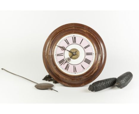 EARLY TWENTIETH CENTURY POSTMAN'S WALL MOUNTED ALARM CLOCK, of typical form with 6 ¾" white and pink enameled Roman dial, sta
