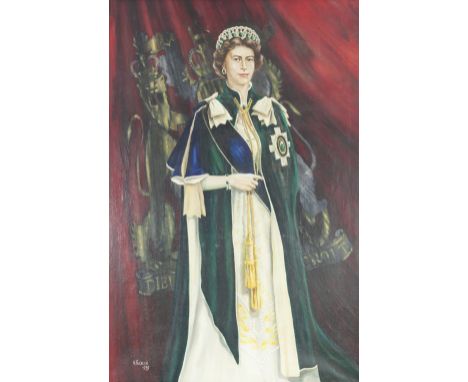 W. FAIRBURN, (TWENTIETH CENTURY) OIL PAINTING ON CANVAS Full length portrait of Queen Elizabeth II Signed and dated 1959 59 ½