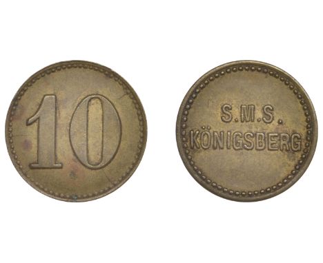 German East Africa, S.M.S. Königsberg, brass 10 Pfennig, undated, 2.03g/12h (Schimmel 1010; cf. Ford 296). Good very fine, sc