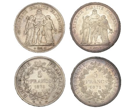France, Third Republic, 5 Francs (2), 1873a, 1876a, Paris (Gad. 745a; KM. 820.1) [2]. First good extremely fine with peripher