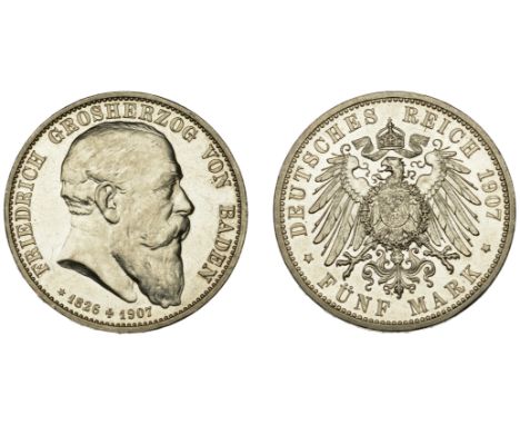 Germany, BADEN, Friedrich, Proof 5 Marks, 1907, on the Grand Duke’s death (Dav. 537; KM. 279). Fields hairlined, otherwise ab