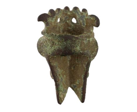 Late Saxon/Norman, a copper Scabbard Mount, 11th cent., 3cm high by 2cm wide, crowned facing head with large semi-circular ea