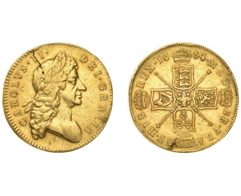 Charles II (1660-1685), Five Guineas, 1684, first bust, edge sexto (EGC 202; S 3331). Flan flaw at 11 o’clock, removed from a