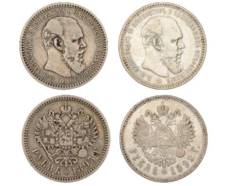 Russia, Alexander III, Roubles (2), 1892Ð°Ð³, 1893Ð°Ð³, St Petersburg (Bit. 76-7; KM. Y46) [2]. First cleaned otherwise very 