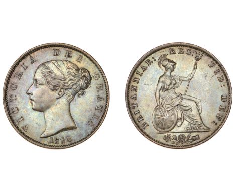 Victoria (1837-1901), Halfpenny, 1838 (BMC 1522; S 3949). Nearly extremely fine, blue patina, light clash marks behind head  