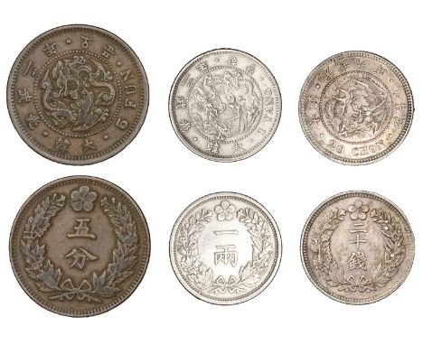 Korea, Kuang Mu, Yang, yr 2 [1898] (KM. 1120); 20 Chon, yr 9 [1905] (KM. 1128); 5 Fun, yr 2 [1898] (KM. 1116) [3]. Very fine 