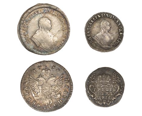 Russia, Elizabeth, Polupoltinnik, 1750, Krasny (Bit. 163; KM. C17); Grivennik, 1756Ð¼Ð±, Krasny (Diakov 404-5; KM. C16a) [2].