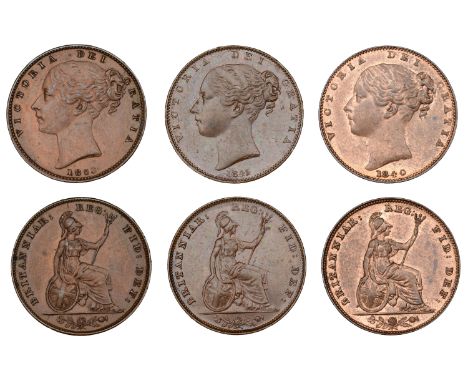 Victoria (1837-1901), Farthings (3), 1840, 1845, 1853 ww incuse (BMC 1559, 1566, 1578; S 3950) [3]. Extremely fine or about s