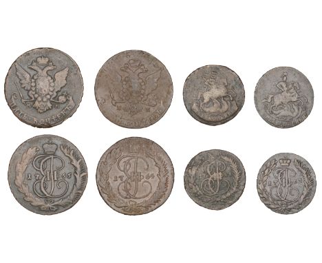 Russia, Catherine II, 5 Kopecks (2), 1764, 1766, Moscow (Brekke 201, 215; KM. C59.6); 2 Kopecks (2), 1763, 1788, Moscow (Brek