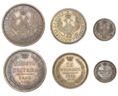 Russia, Nicholas I or Alexander II, Poltina, 25 Kopecks and 5 Kopecks, all 1855hi, St Petersburg (Bit. 271/49, 311/53, 414/66