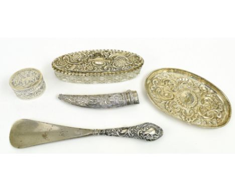 A collection of five hallmarked silver pieces. The lot to include a Victorian hallmarked silver &amp; glass trinket box. Hall