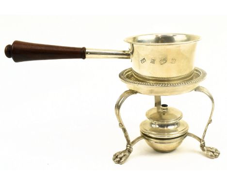 A 20th century hallmarked silver brandy warmer with tripod stand. Hallmarked year 1984, Birmingham. Sponsors mark for Mappin 